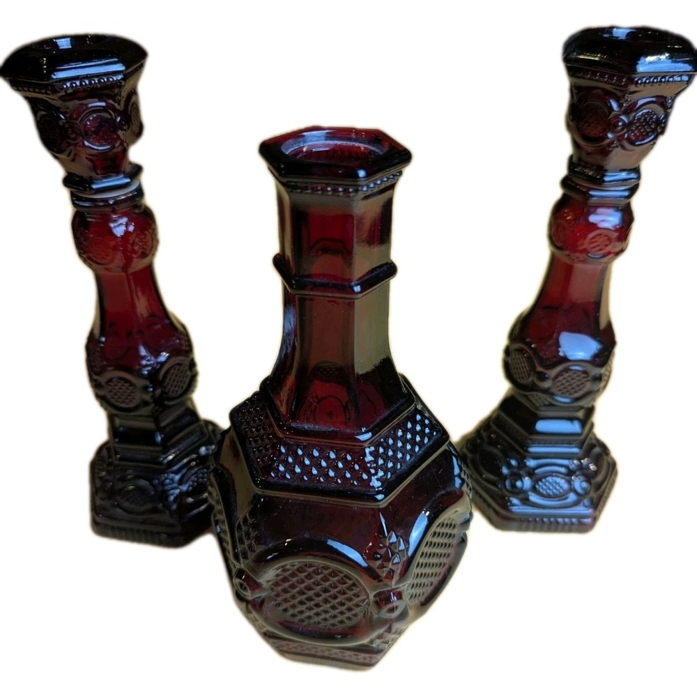 Lot Vintage Avon 1876 Cape Cod Ruby Red Candleholders Decanter w/Wine Goblets